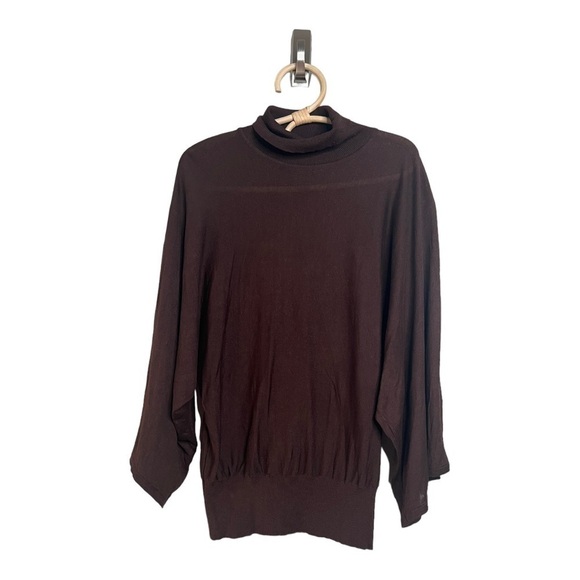 Silk Blend Brown Mock Neck Dolan Ribbed Waist Wide Sleeve Top by Cable & Gauge - Picture 1 of 14